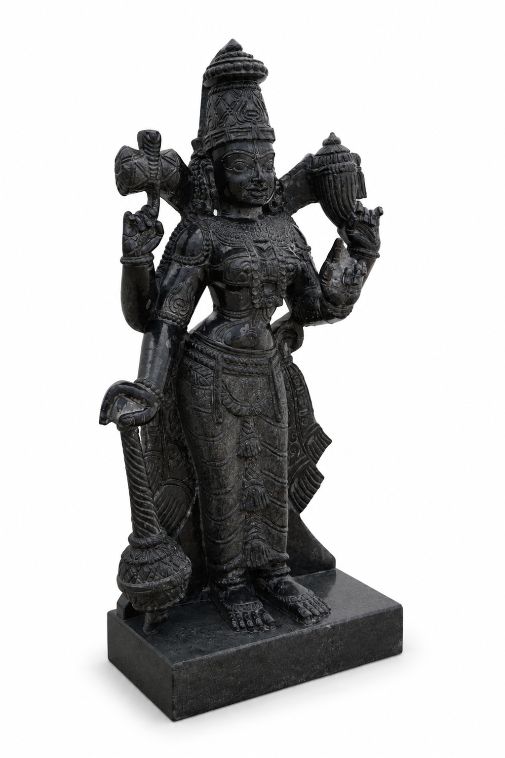 Hand-carved 3 ft Thuvara Sakthi right-side statue in natural stone, product view 3 highlighting the sculpture and carved details.