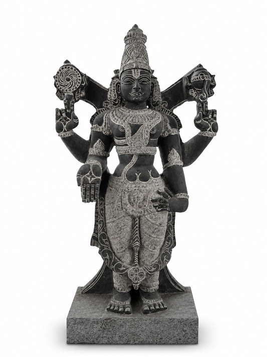 Hand-carved 3 ft Venkatesa Perumal statue in natural stone, product view 1 highlighting the sculpture and carved details.