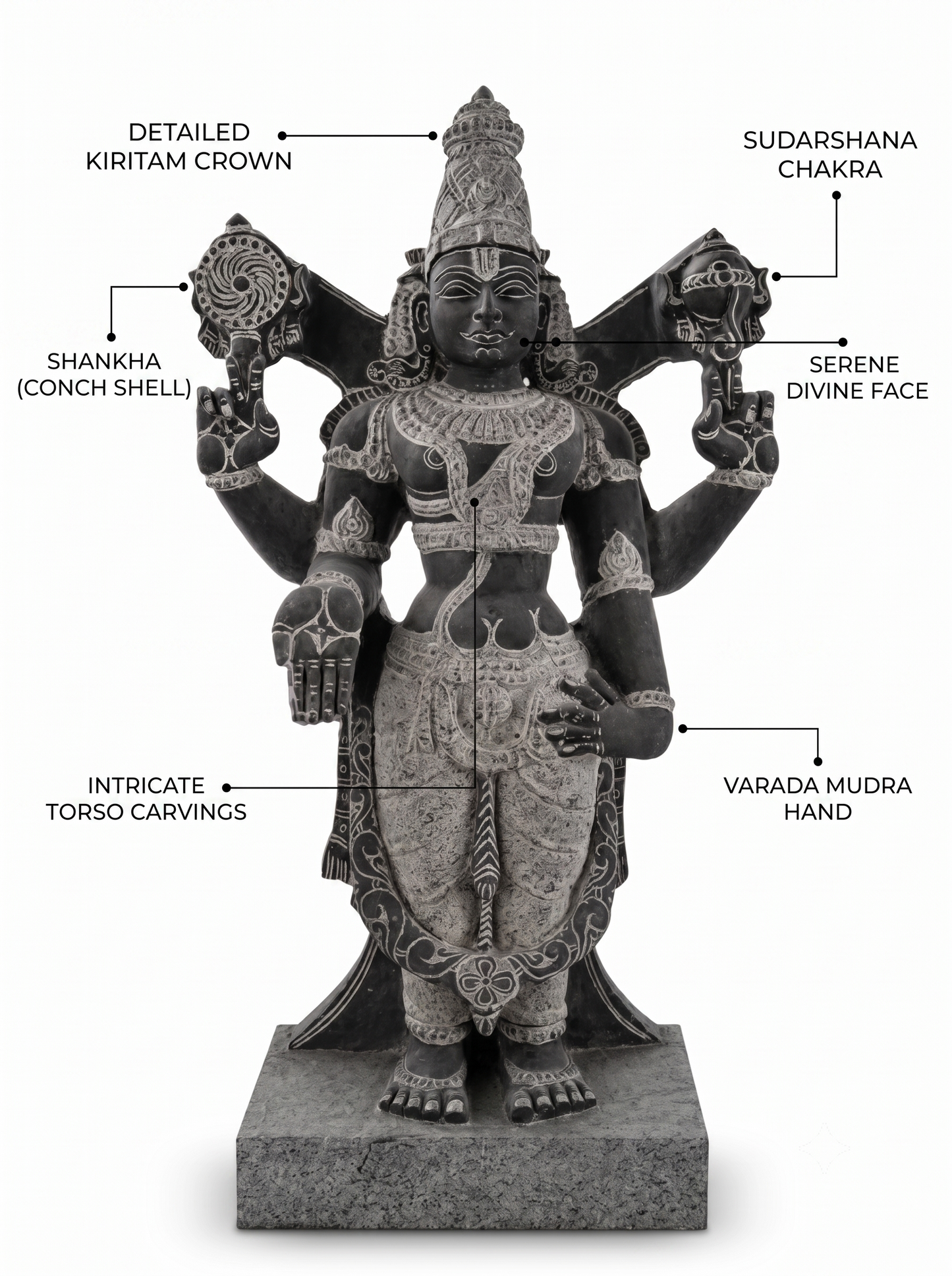 Hand-carved 3 ft Venkatesa Perumal statue in natural stone, product view 2 highlighting the sculpture and carved details.