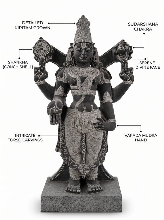 Hand-carved 3 ft Venkatesa Perumal statue in natural stone, product view 2 highlighting the sculpture and carved details.