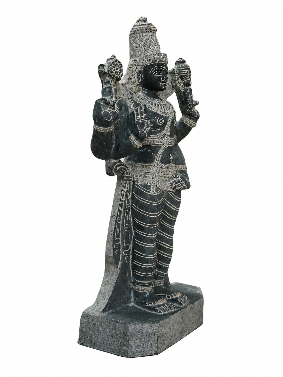 Hand-carved 3 ft Venkatesa Perumal statue in natural stone, product view 3 highlighting the sculpture and carved details.