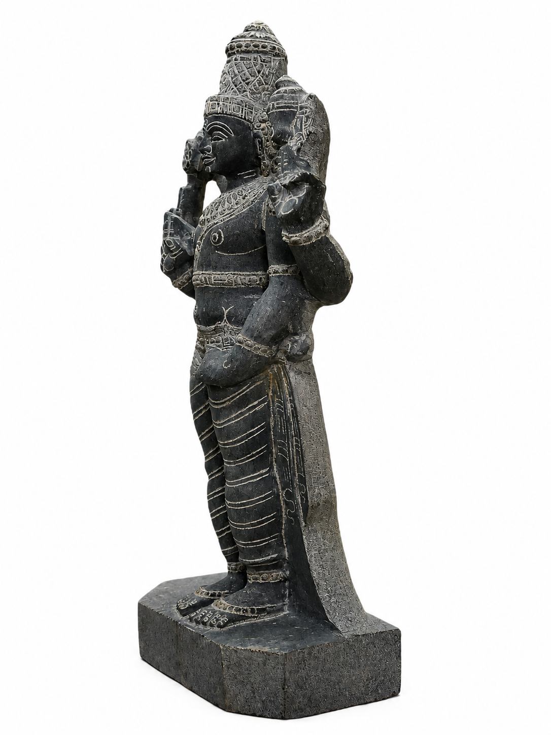 Hand-carved 3 ft Venkatesa Perumal statue in natural stone, product view 4 highlighting the sculpture and carved details.
