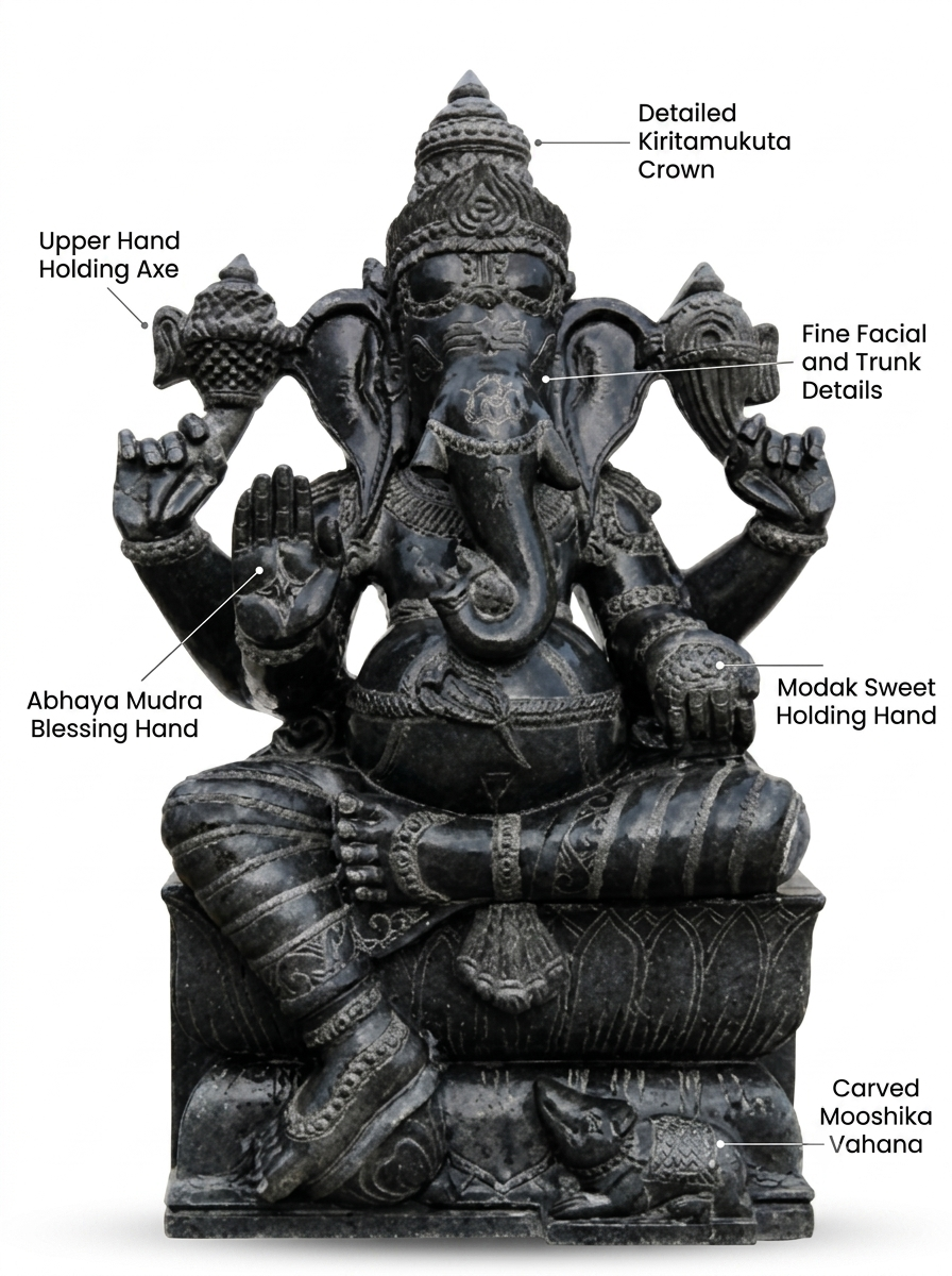 Hand-carved 3 ft Vinayagar Ganesha statue in natural Charnockite stone, product view 2 highlighting the deity form and carved details.