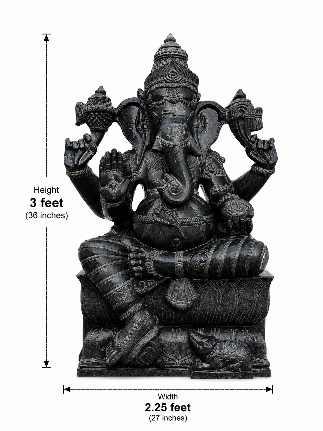 Hand-carved 3 ft Vinayagar Ganesha statue in natural Charnockite stone, product view 3 highlighting the deity form and carved details.