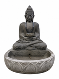 Hand-carved 3 ft waterfall Buddha fountain in natural stone, product view 1 showing the Buddha figure and flowing-water design.