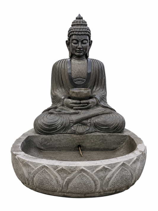 Hand-carved 3 ft waterfall Buddha fountain in natural stone, product view 1 showing the Buddha figure and flowing-water design.