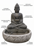 Hand-carved 3 ft waterfall Buddha fountain in natural stone, product view 2 showing the Buddha figure and flowing-water design.