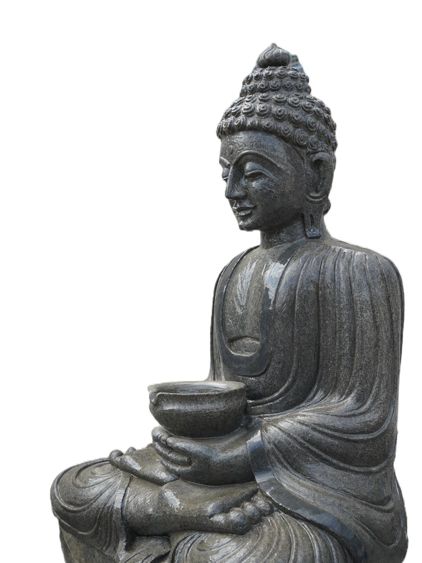 Hand-carved 3 ft waterfall Buddha fountain in natural stone, product view 3 showing the Buddha figure and flowing-water design.