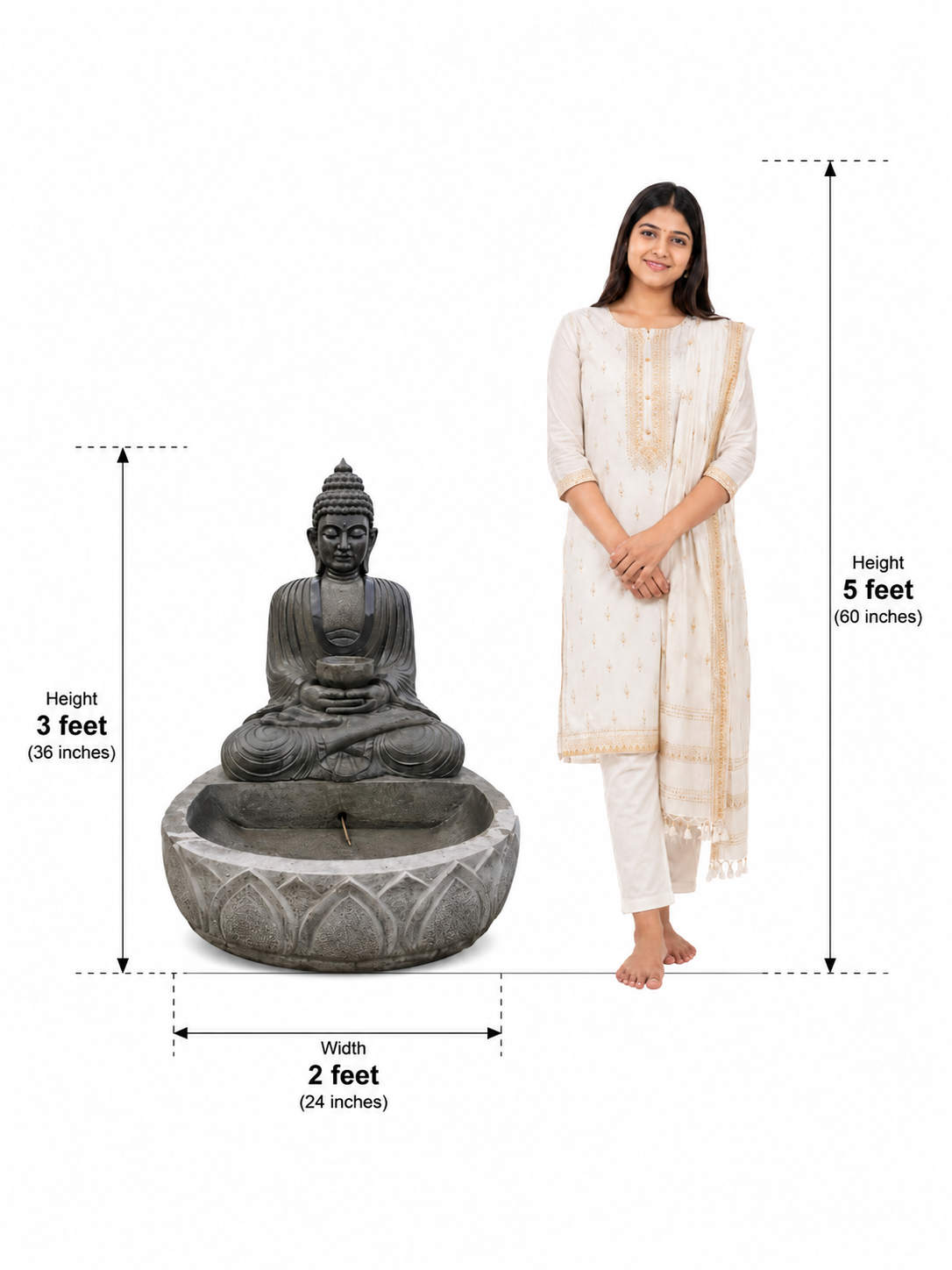 Hand-carved 3 ft waterfall Buddha fountain in natural stone, product view 5 showing the Buddha figure and flowing-water design.