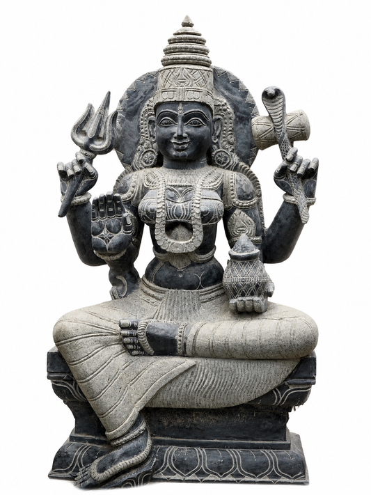 Hand-carved 4.5 ft Mahadevi statue in natural Charnockite stone, product view 1 highlighting the goddess form and carved details.