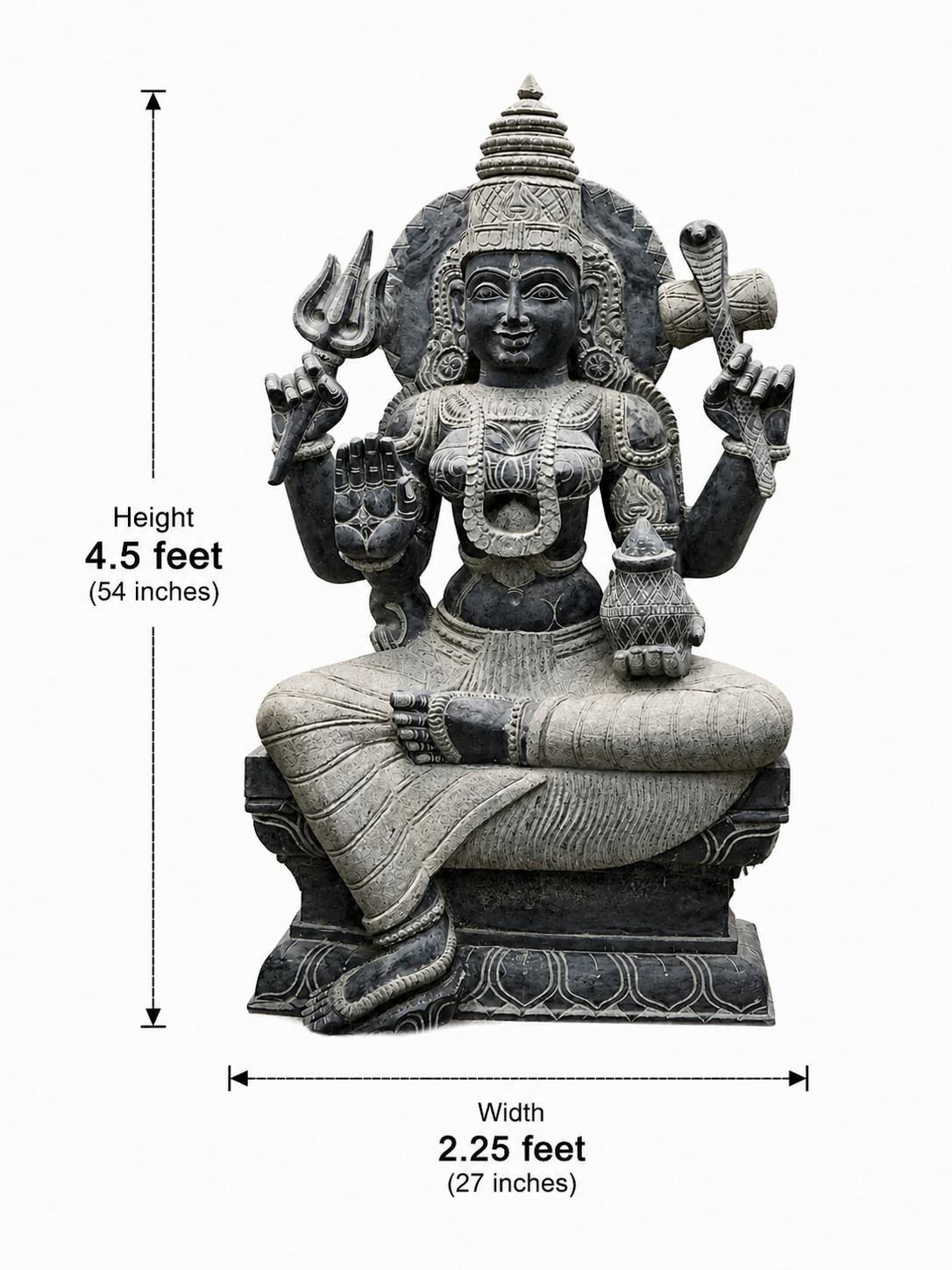 Hand-carved 4.5 ft Mahadevi statue in polished Charnockite stone shown beside an adult model for scale with measurements.