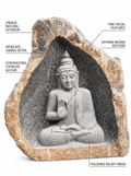 Hand-carved 4.6 ft Blessing Buddha Boulder Statue in natural Charnockite stone, product view 2 showing the sculpture and carved details.