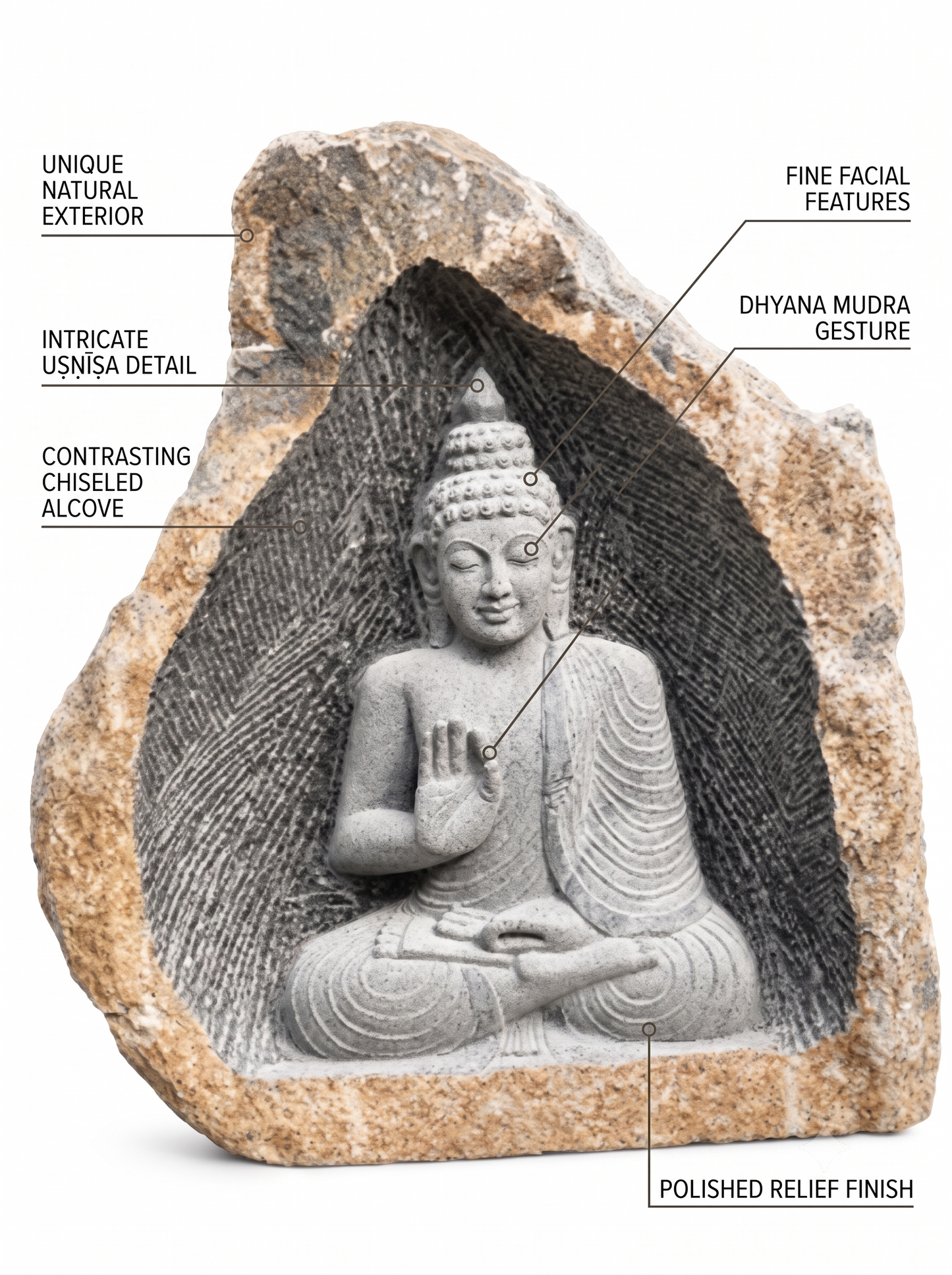 Hand-carved 4.6 ft Blessing Buddha Boulder Statue in natural Charnockite stone, product view 2 showing the sculpture and carved details.