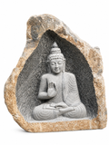 Hand-carved 4.6 ft Blessing Buddha Boulder Statue in natural Charnockite stone, product view 3 showing the sculpture and carved details.