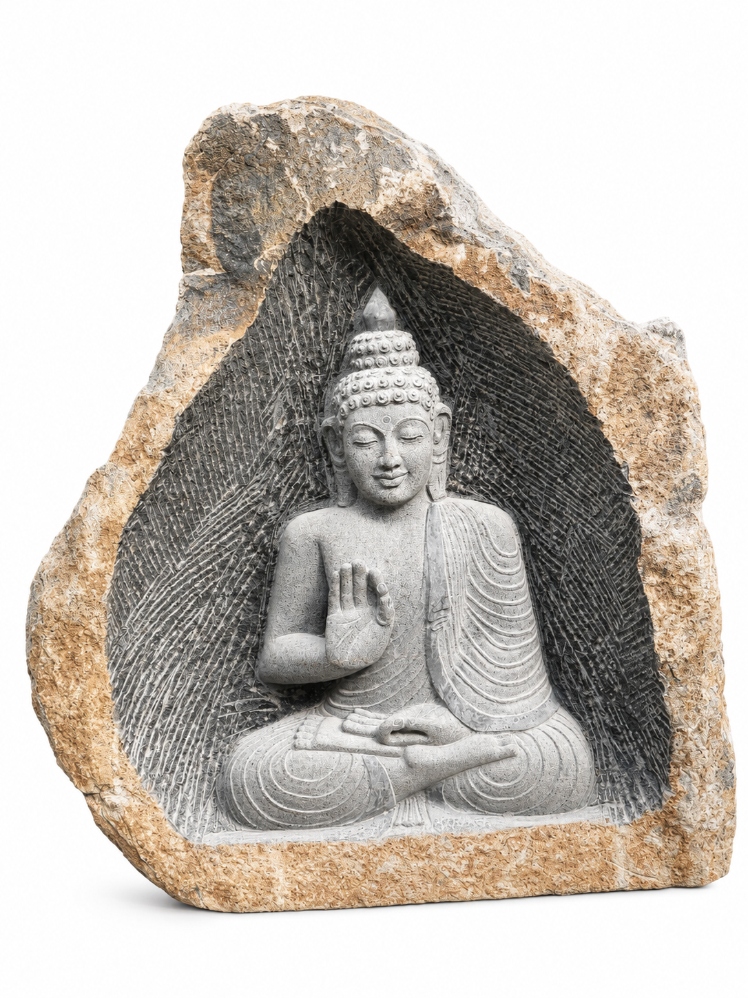 Hand-carved 4.6 ft Blessing Buddha Boulder Statue in natural Charnockite stone, product view 3 showing the sculpture and carved details.