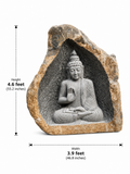 Hand-carved 4.6 ft Blessing Buddha Boulder Statue in natural Charnockite stone, product view 4 showing the sculpture and carved details.