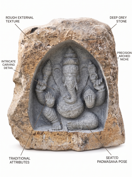 Hand-carved 4.6 ft Ganesha Boulder Sculpture in natural Charnockite stone, product view 2 showing the sculpture and carved details.
