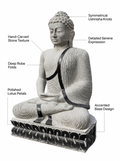 Hand-carved 4.6 ft Grand Buddha on Lotus Seat Statue in natural Charnockite stone, product view 2 showing the sculpture and carved details.