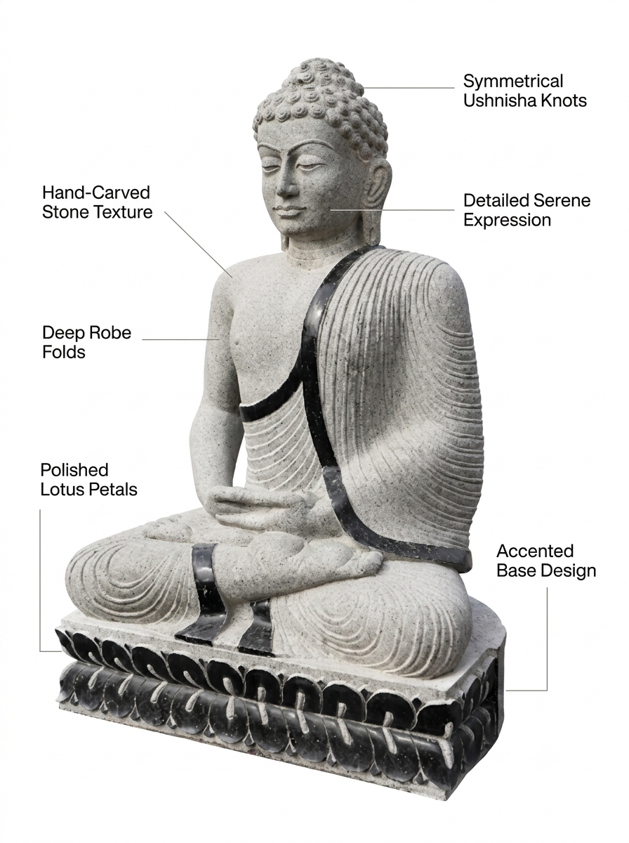 Hand-carved 4.6 ft Grand Buddha on Lotus Seat Statue in natural Charnockite stone, product view 2 showing the sculpture and carved details.