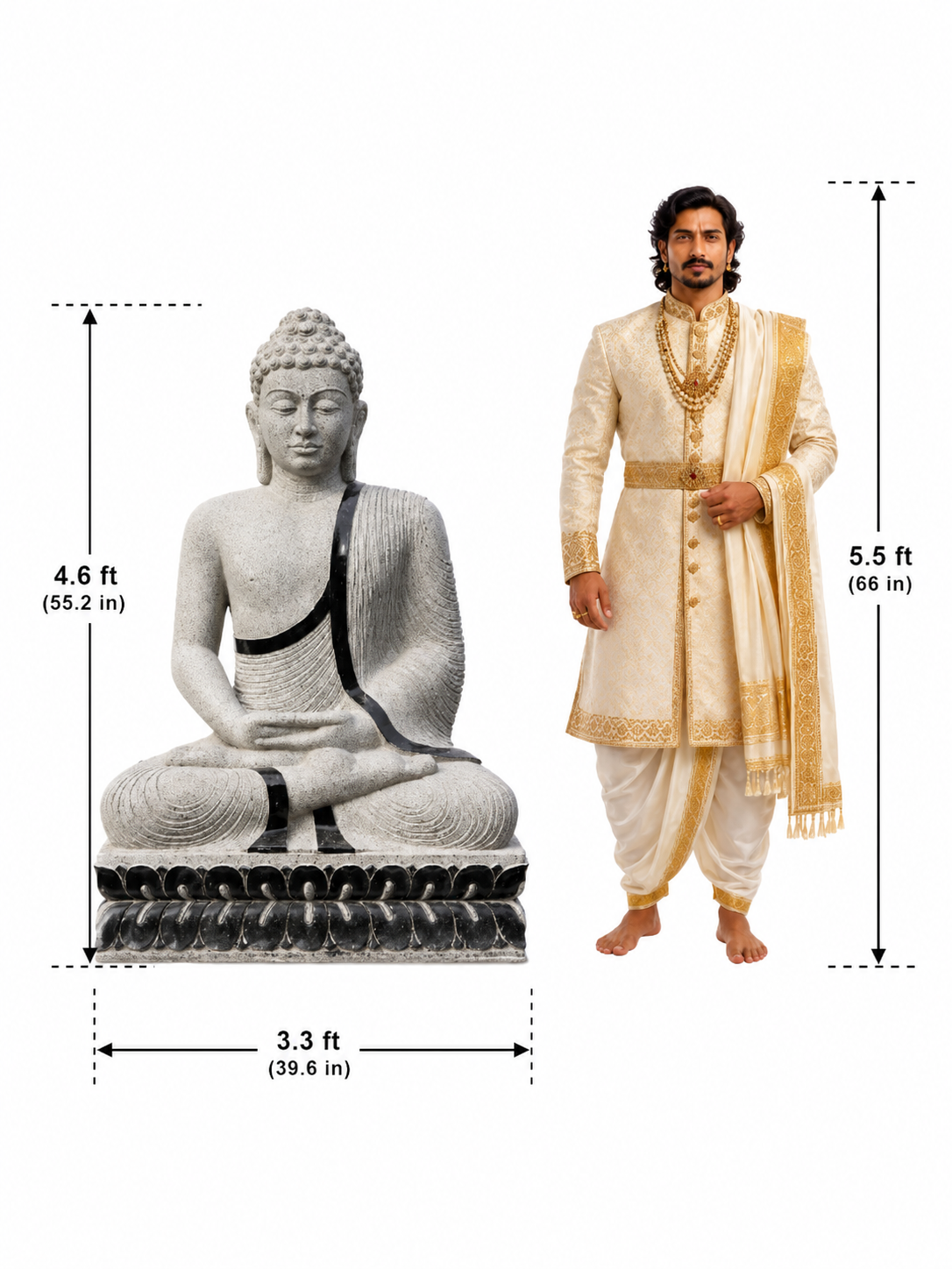 Hand-carved 4.6 ft Grand Buddha on Lotus Seat Statue in natural Charnockite stone, product view 5 showing the sculpture and carved details.