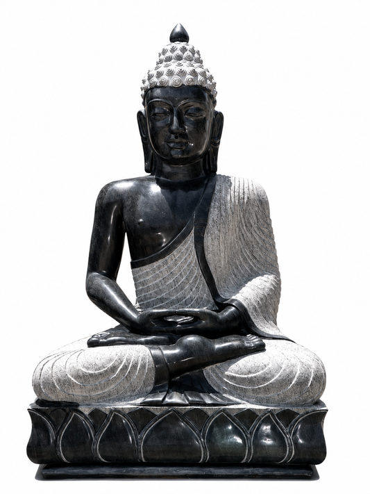 Hand-carved 4 ft Buddha statue in natural stone, product view 1 highlighting the meditative form and carved details.