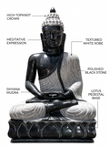 Hand-carved 4 ft Buddha statue in natural stone, product view 2 highlighting the meditative form and carved details.