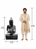 Hand-carved 4 ft Buddha statue in natural stone, product view 3 highlighting the meditative form and carved details.