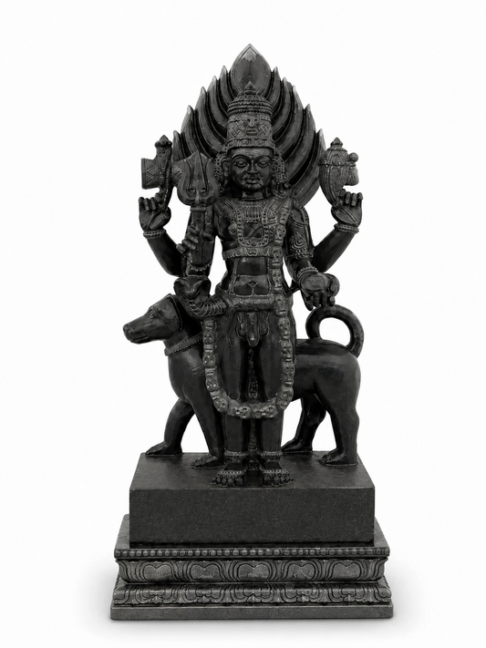 Hand-carved 4 ft Kala Bhairava statue in natural stone, product view 1 highlighting the sculpture and carved details.