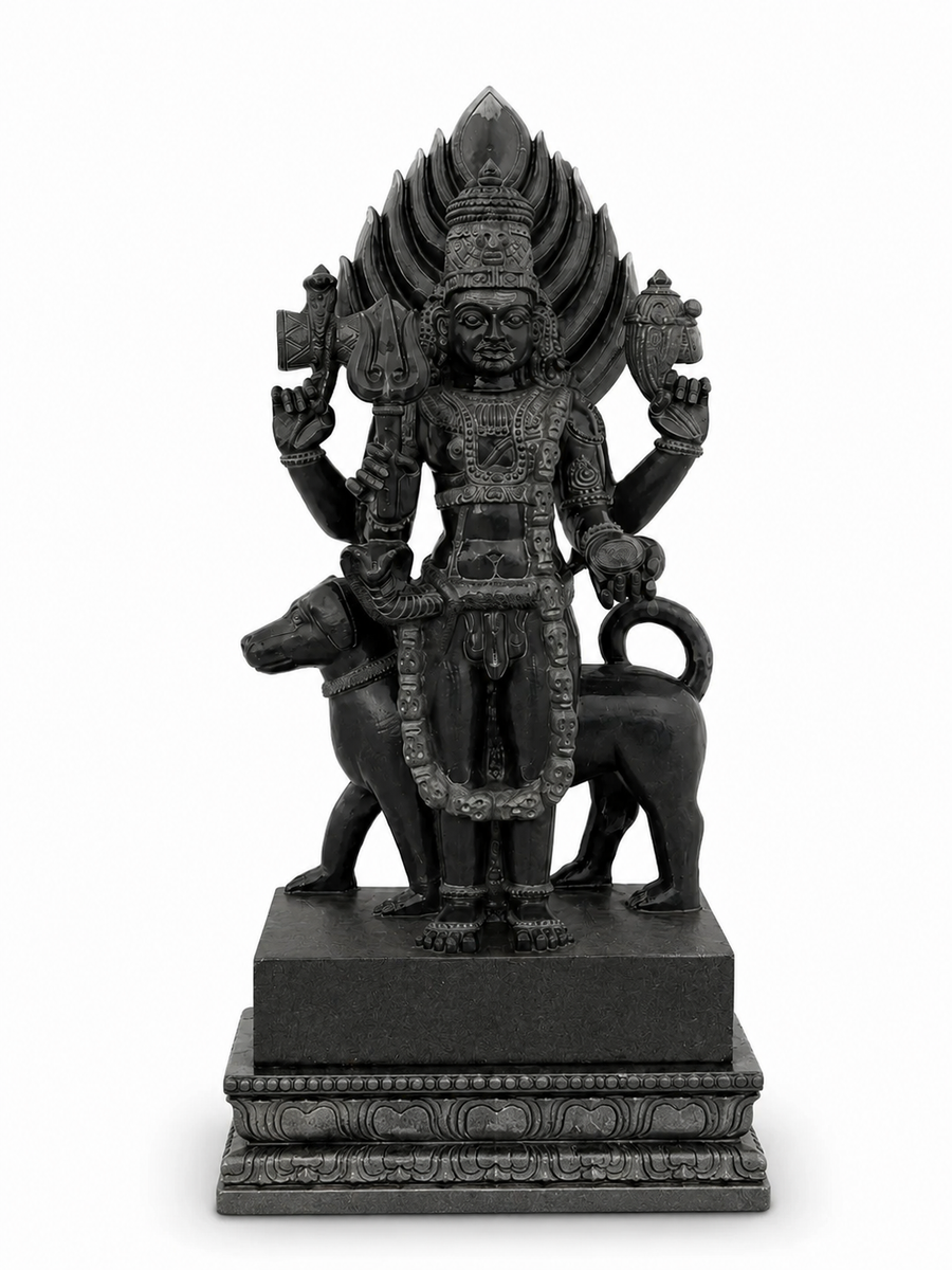 Hand-carved 4 ft Kala Bhairava statue in natural stone, product view 1 highlighting the sculpture and carved details.