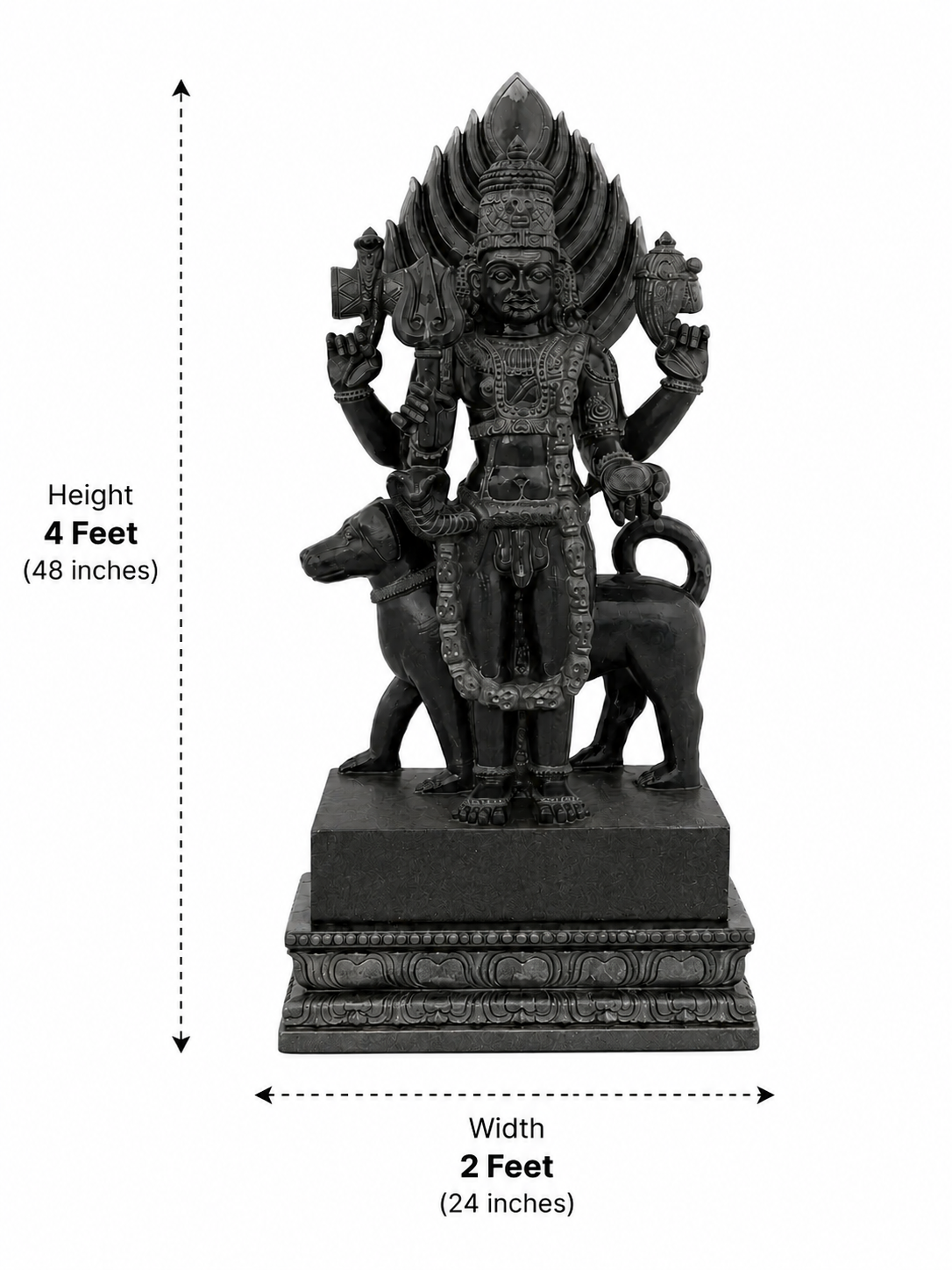 Hand-carved 4 ft Kala Bhairava statue in natural stone, product view 3 highlighting the sculpture and carved details.