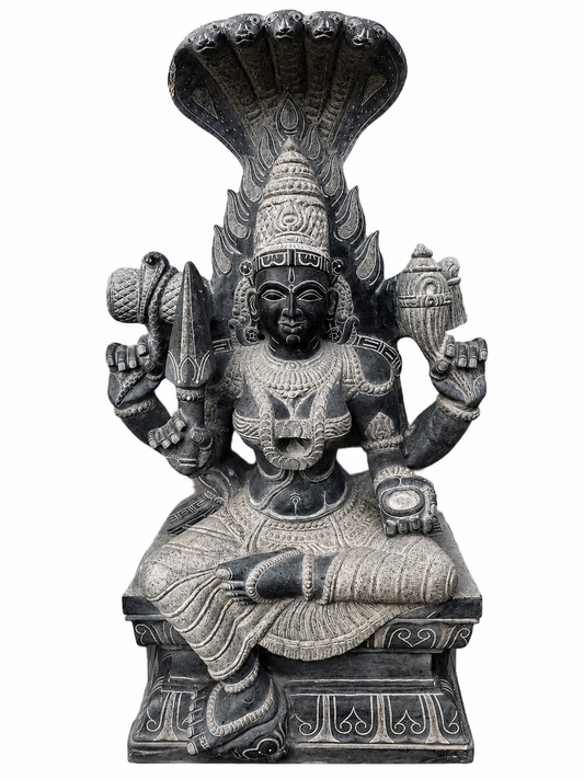 Hand-carved 4 ft Karpagambal statue in natural stone, product view 1 highlighting the goddess form and carved details.