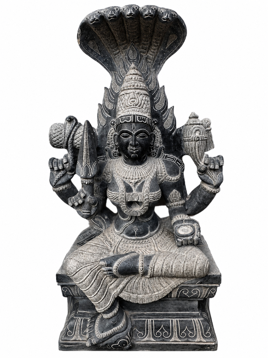 Hand-carved 4 ft Karpagambal statue in natural stone, product view 1 highlighting the goddess form and carved details.
