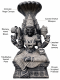 Hand-carved 4 ft Karpagambal statue in natural stone, product view 2 highlighting the goddess form and carved details.