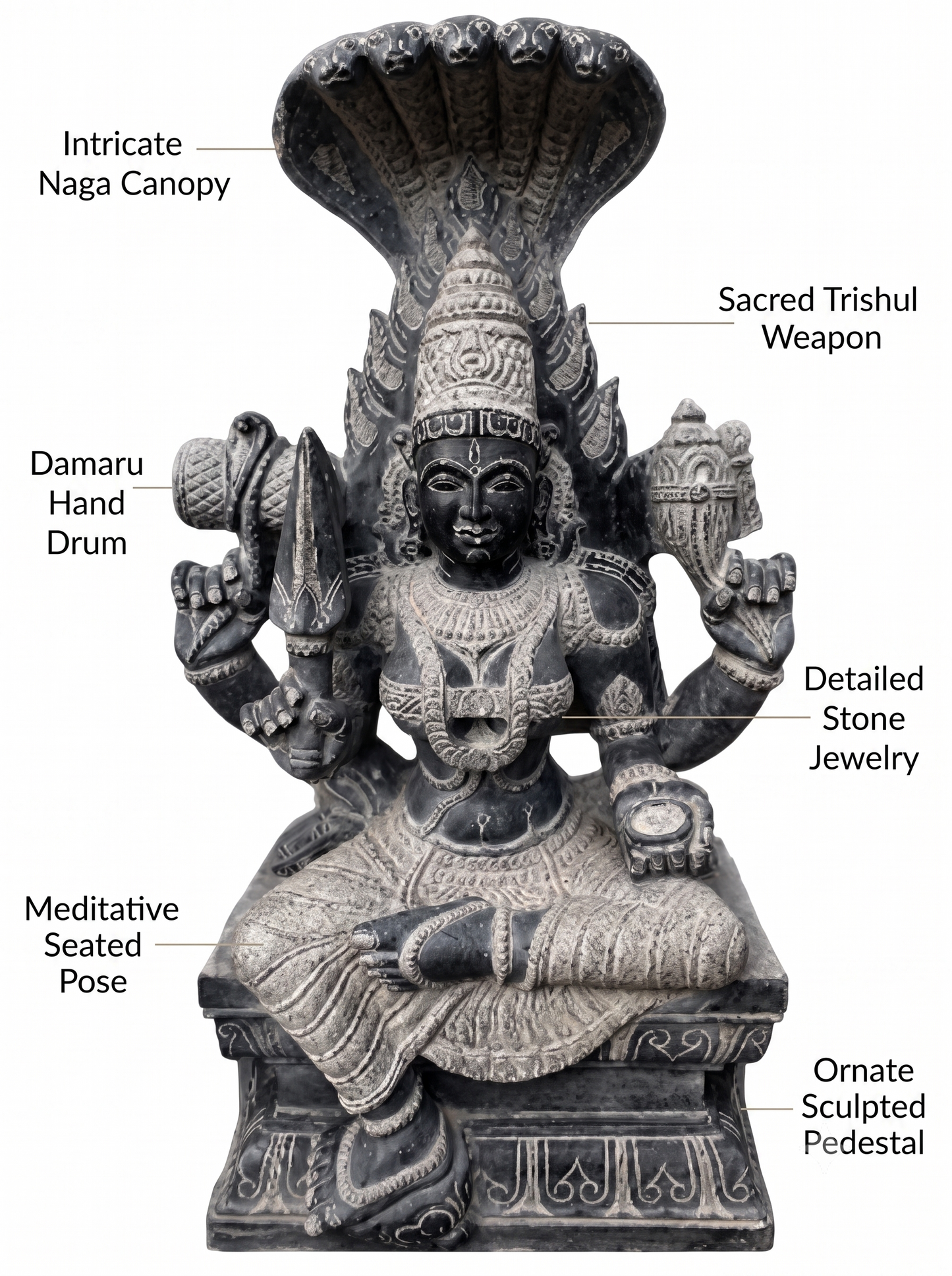 Hand-carved 4 ft Karpagambal statue in natural stone, product view 2 highlighting the goddess form and carved details.