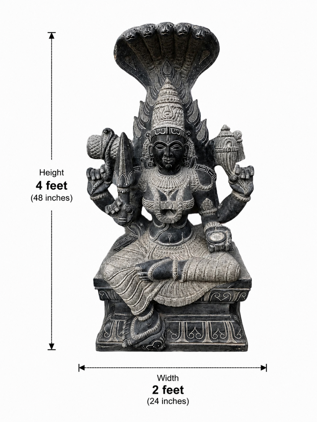 Dimension guide for a hand-carved 4 ft Karpagambal statue in polished Charnockite black stone on a white background.