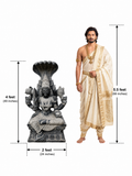 Hand-carved 4 ft Karpagambal statue in polished Charnockite black stone shown beside an adult model for scale with measurements.