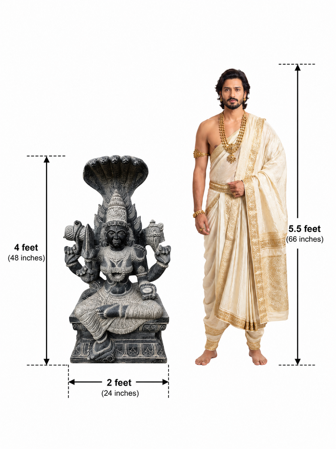 Hand-carved 4 ft Karpagambal statue in polished Charnockite black stone shown beside an adult model for scale with measurements.