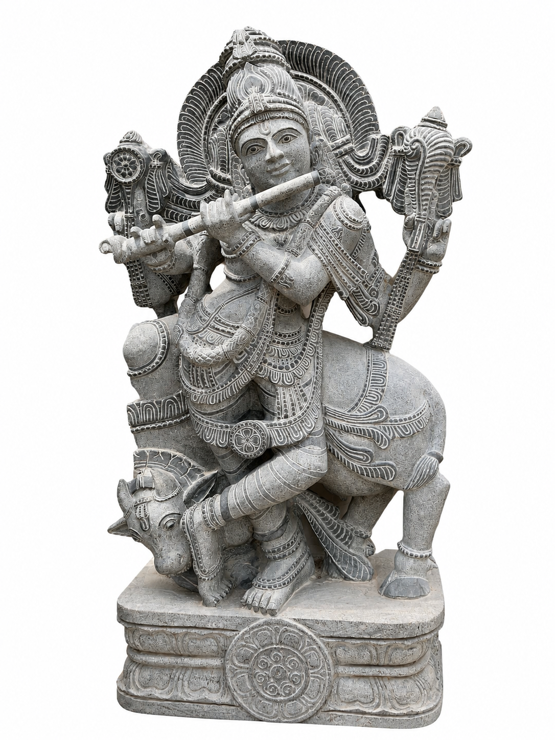 Hand-carved 4 ft Lord Krishna statue with cow in natural stone, product view 1 highlighting the Venugopala form and carved details.