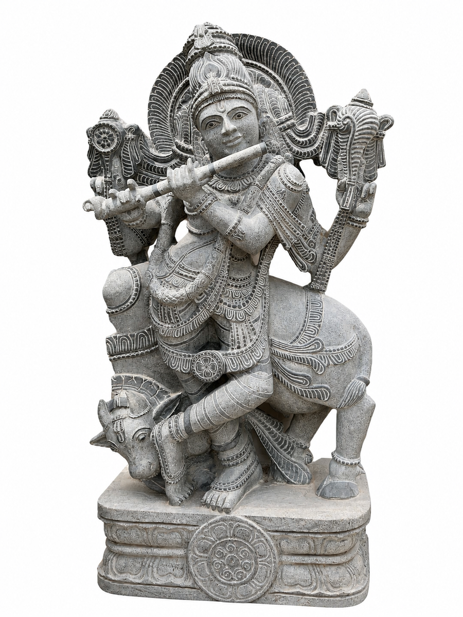 Hand-carved 4 ft Lord Krishna statue with cow in natural stone, product view 1 highlighting the Venugopala form and carved details.