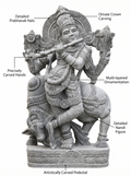 Hand-carved 4 ft Lord Krishna statue with cow in natural stone, product view 2 highlighting the Venugopala form and carved details.