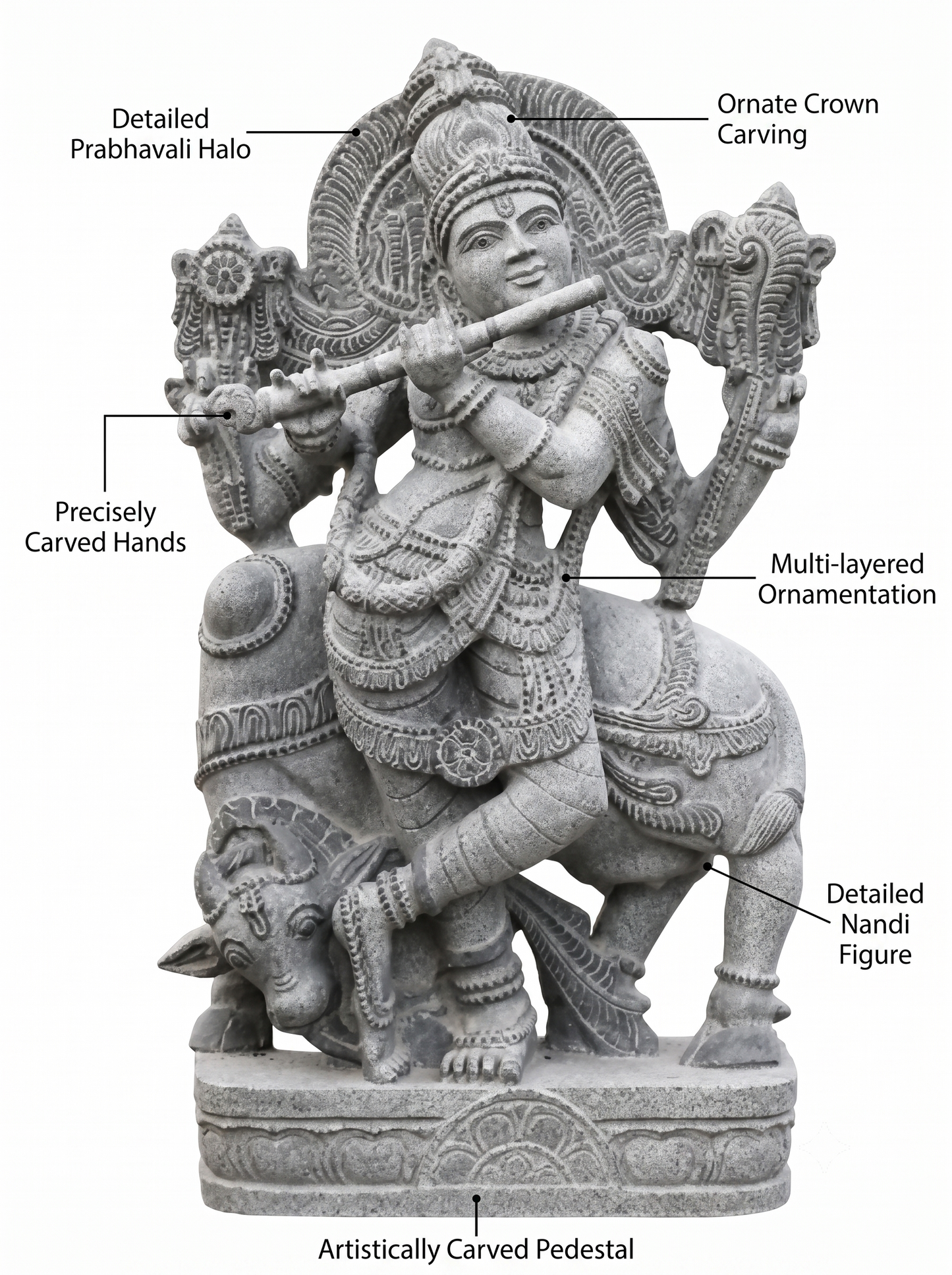 Hand-carved 4 ft Lord Krishna statue with cow in natural stone, product view 2 highlighting the Venugopala form and carved details.