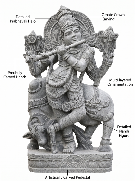 Hand-carved 4 ft Lord Krishna statue with cow in natural stone, product view 2 highlighting the Venugopala form and carved details.