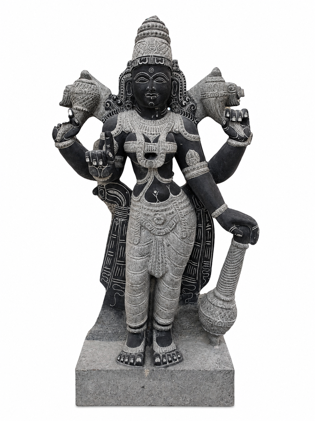 Hand-carved 4 ft Sri Devi statue in natural Charnockite stone, product view 1 highlighting the goddess form and carved details.