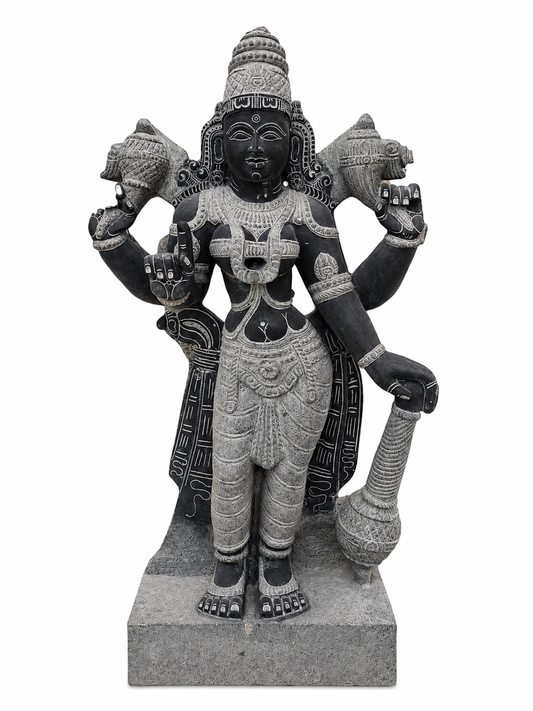 Hand-carved 4 ft Sri Devi statue in natural Charnockite stone, product view 1 highlighting the goddess form and carved details.