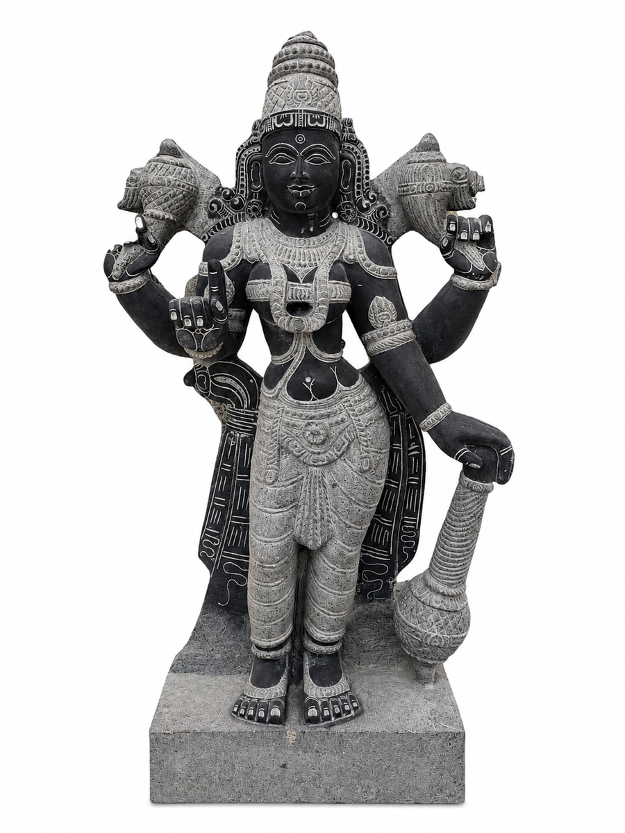 Hand-carved 4 ft Sri Devi statue in natural Charnockite stone, product view 1 highlighting the goddess form and carved details.