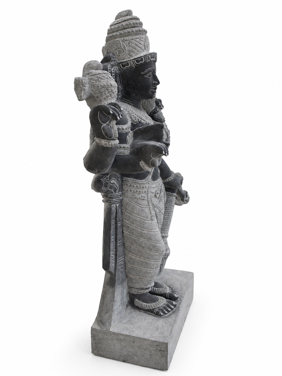 Hand-carved 4 ft Sri Devi statue in natural Charnockite stone, product view 3 highlighting the goddess form and carved details.