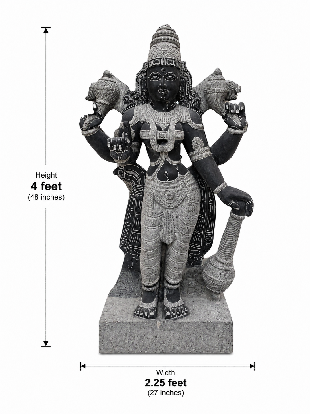 Hand-carved 4 ft Sri Devi statue in natural Charnockite stone, product view 5 highlighting the goddess form and carved details.