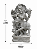 Dimension guide for a hand-carved 4 ft Venugopala Krishna statue with cow in polished black stone.