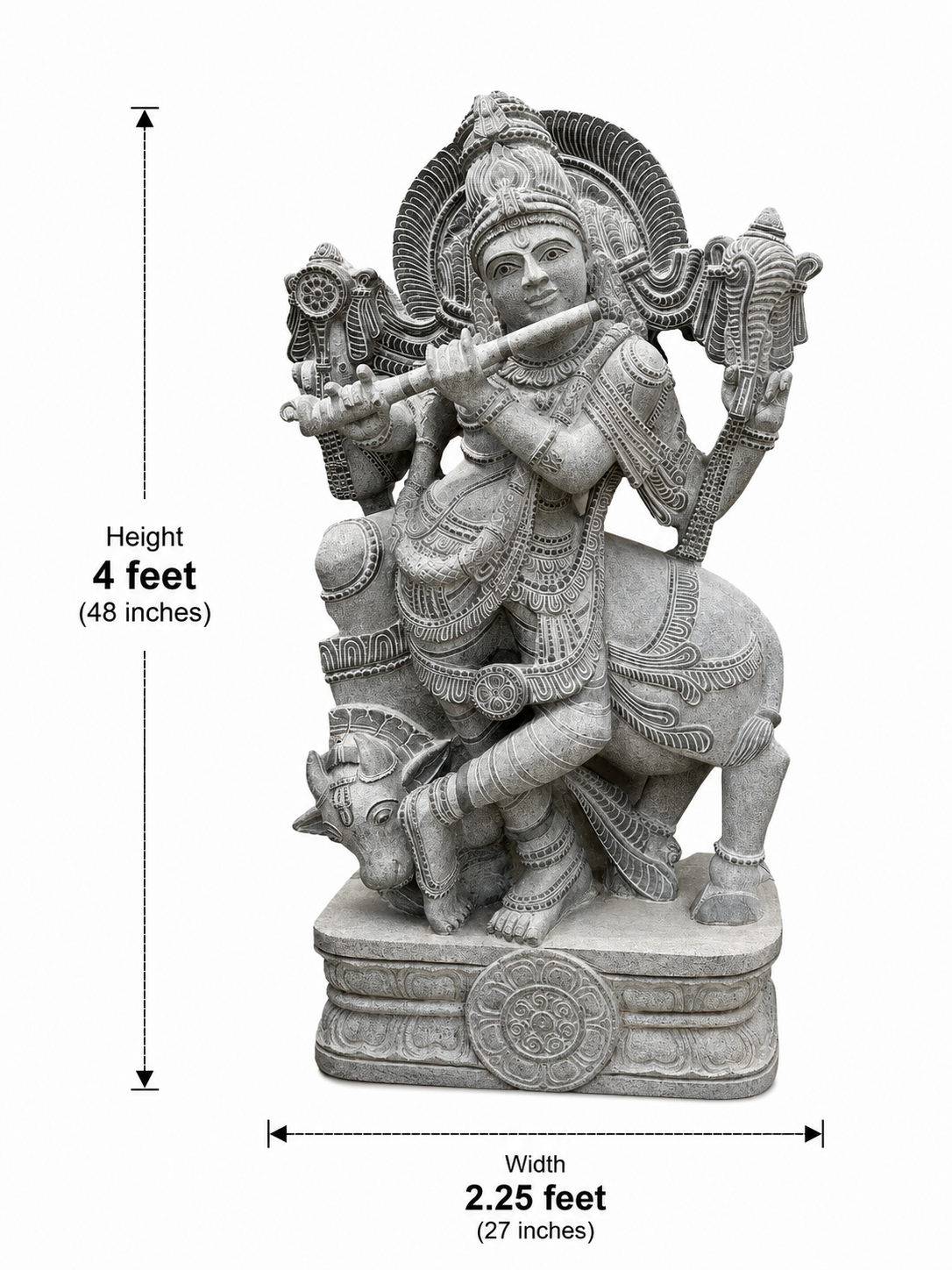 Dimension guide for a hand-carved 4 ft Venugopala Krishna statue with cow in polished black stone.