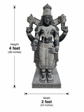 Dimension guide for a hand-carved 4 ft Vishnu Perumal statue in polished Charnockite black stone on a white background.